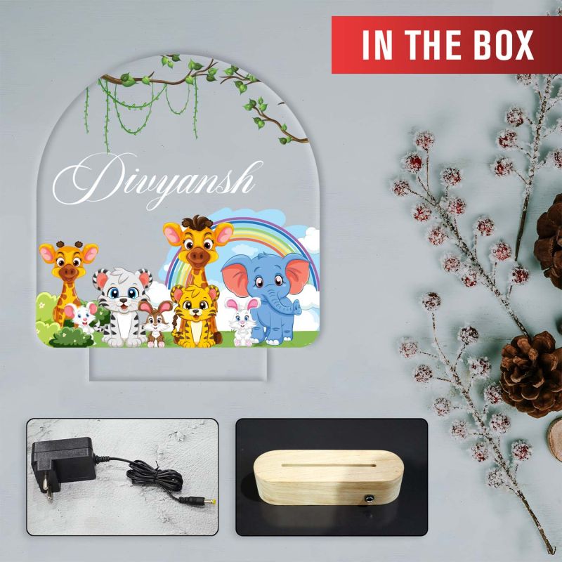 Personalized Cute Animal Theme LED Night Lamp with Warm White Light & Wooden Stand Jungle Safari Animals Light Kids Room Bedside Lamp Gift for Kids Boy & Girls Birthday Return Gift